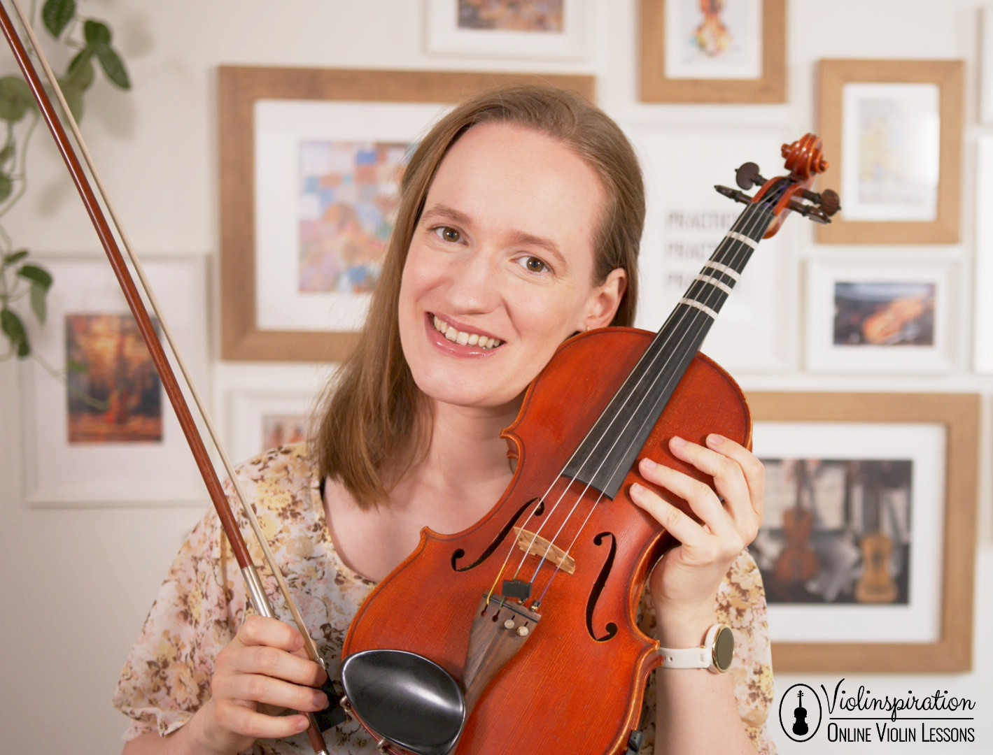 time signatures - Julia holding a violin and a violin bow + logo