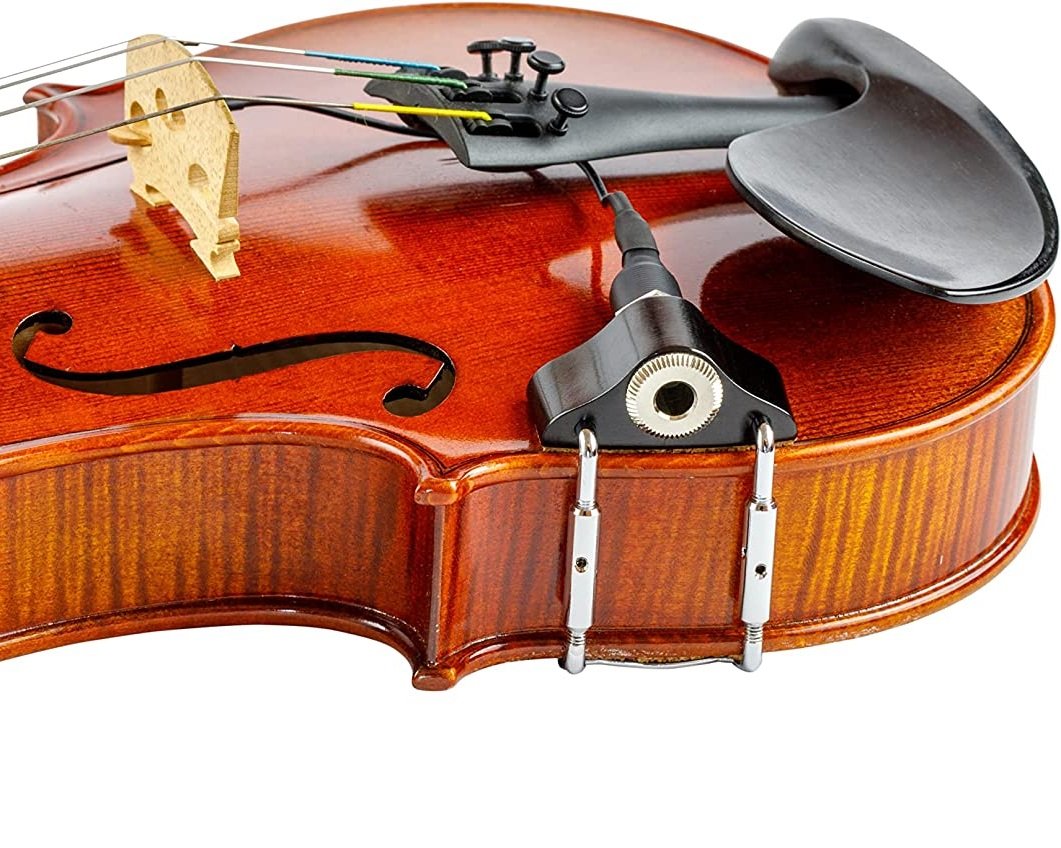 violin pickup - KNA Pickups Portable Piezo Violin Viola Pickup (VV-3) mounted on a violin - side view